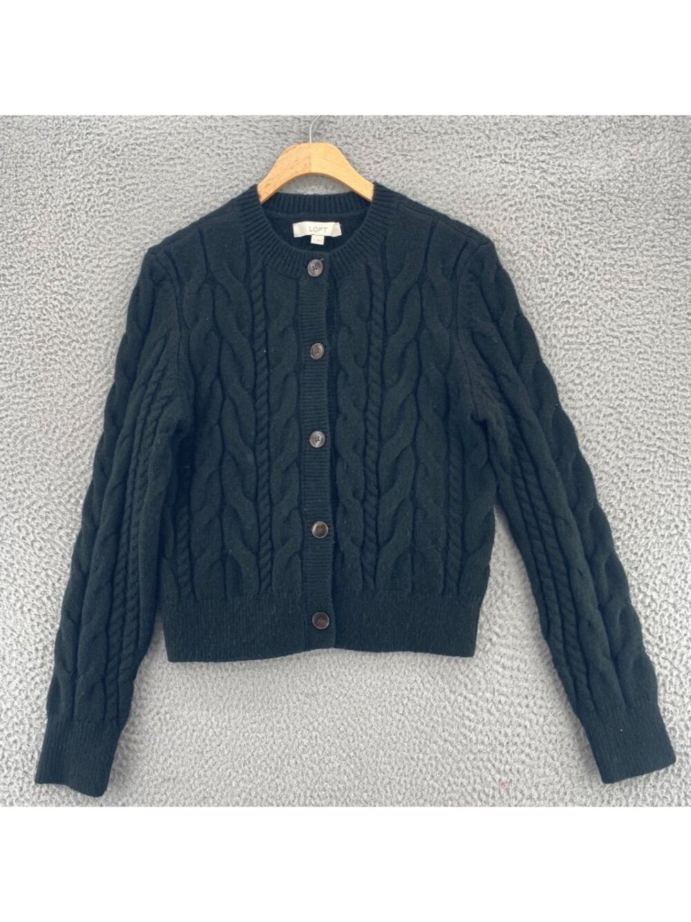 LOFT Sweater Womens Medium Black Cable Knit Button Up Top Long Sleeve Round Neck